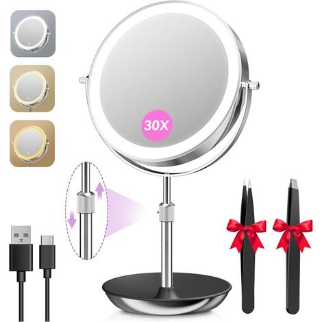 Miroir Grossissant Lumineux 3000mAh, Hauteur Réglable, Argenté (1/5)