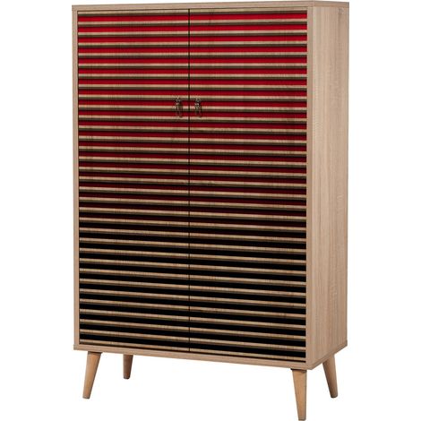 Commode haute 2 portes en bois clair et dégradé rouge Kiza 221 (1/5)
