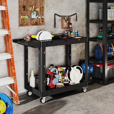 Chariot d’atelier à 2 niveaux avec poignée latérale, bacs de tri et roulettes freinées, en plastique noir, 227 kg, pour garage et atelier  CHICFURN (1/5)