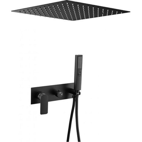 Kit de douche à encastrer TILSO noir mat – Ensemble avec robinet mitigeur 2 voies en laiton – Tête de douche carrée 30 cm extra-plate – Valaz