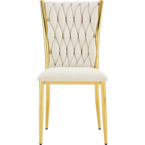 Sedia da pranzo imbottita in velluto beige con schienale intrecciato e gambe in metallo oro (1/5)