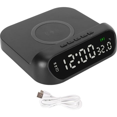 Réveil avec Chargeur Sans Fil Multifonction, Affichage Température LED 10W, Augmentation Progressive Volume Alarme, Station de Charge Noire (1/5)