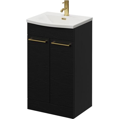 Napoli 390 Nero Oak 500mm 2 Door Vanity Unit with Arc Basin - 500mm - Brushed Brass 160mm Handle
