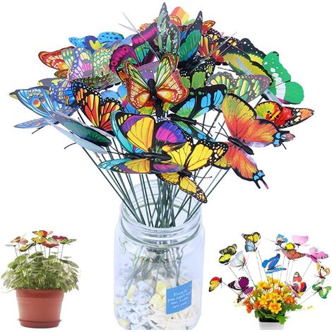 50 farfalle a doppia ala per decorare giardini, patii, feste, piante, cortili esterni e altri elementi decorativi da giardino, con bastoncini in PVC multicolore resistenti e impermeabili.