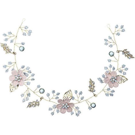 Bandeau en métal, bandeau perlé, couronne de fleurs en strass pour femme, serre-tête de mariée-Pink