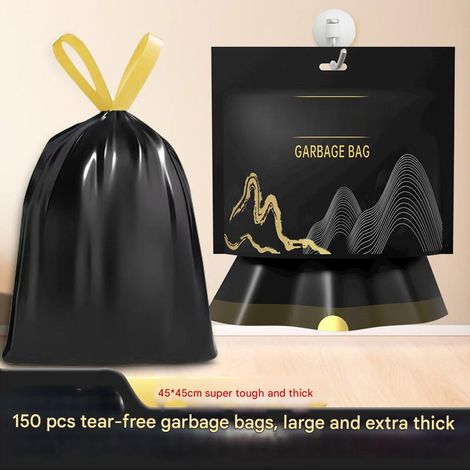 Sacs poubelles noirs à cordon, sacs poubelles portables, épais et robustes, pour bureau et chambre (3rouleaux + 1sac ziplock + 1crochet collant) (1/5)