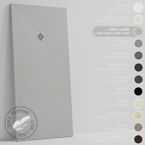 Receveur de Douche -Résine -Gel Coat -Texture Lisse Soie -Antidérapant -Couleur Gris Clair - 130x80- Extra plat 3cm. GRILLE MÊME COULEUR (1/5)