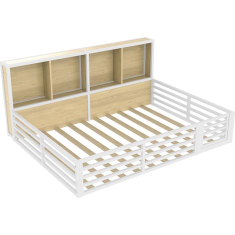 CAIziLit à barrières, 140 x 200 cm, lit de jour, plateforme, côté de lit avec compartiment de rangement, lit avec sommier à lattes (sans matelas), garde-corps, métal, blanc (1/5)