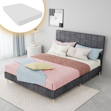 Letto matrimoniale moderno in tessuto grigio scuro 140x200 cm con testiera trapuntata a quadri e gambe in legno