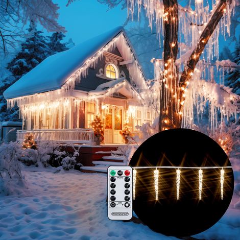 MONZANA® 40-80 LED Eiszapfenlichterkette Fernbedienung 8 Leuchtmodi Timer IP44 Innen Außen Weihnachten Lichterkette Eiszapfen 11,5x5m 80 Eiszapfen warmweiß