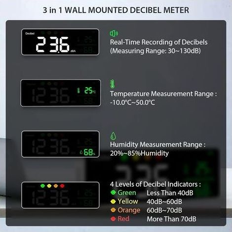 [French Days]Sonomètre 30130dB 11 "LCD Professionnel Sonomètre Décibelmètre Décibel/Température/Humidité avec Alarme et Câble USB pour Bureau à domicile école Bar Usine