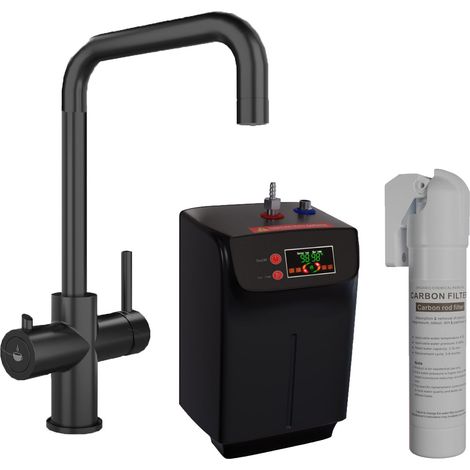 3 in 1 Hot Cold Boiling Water Kitchen Tap Twin Lever Filter Tank Black Curved (1/5)