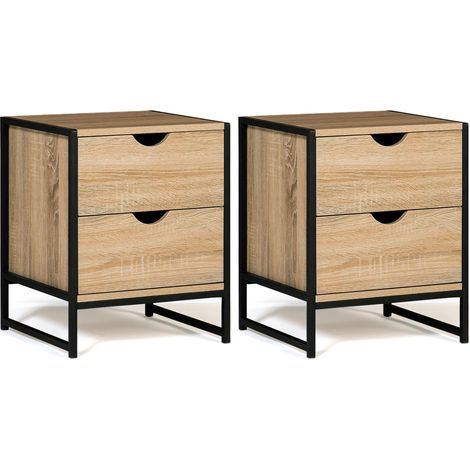 Idmarket – Lot de 2 tables de chevet bois et métal noir – 2 tiroirs – Style industriel – Dimensions 40x40x50 cm – Idéal pour chambre moderne