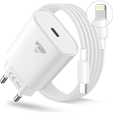 Chargeur USB C, Prise USB C Charge Rapide 20W Bloc Chargeur pour iPhone 13 14 11 12 Pro Max Plus Mini X XS 8 7 6 SE iPad, Type C Secteur Adaptateur Mural Alimentation et 2M Câble USBC vers Lightning (1/5)
