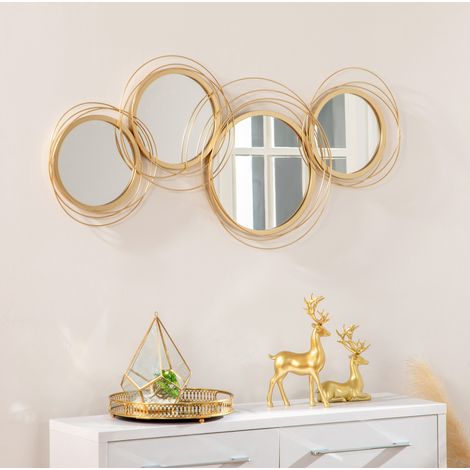 Decoración de pared con espejo 107x4x56 cm de metal dorado con 4 espejos redondos – MEUBLIV (1/5)