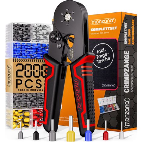MONZANA® Pince à sertir hexagonale 2000 cosses électriques 0,25-6 mm² et étui outil bricolage sertissage embouts câbles
