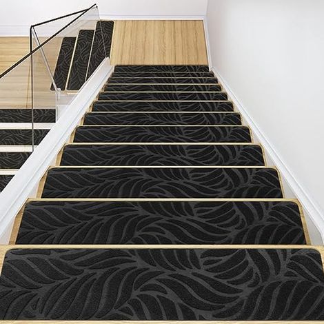 Tapis Escalier, Antidérapant Tapis Escalier Marche, Muet Moquette Escalier Couvre Marche Escalier Tapis d'Escalier Autocollants Carpette pour Enfants, Aîné (5PCS,Feuilles Noires)