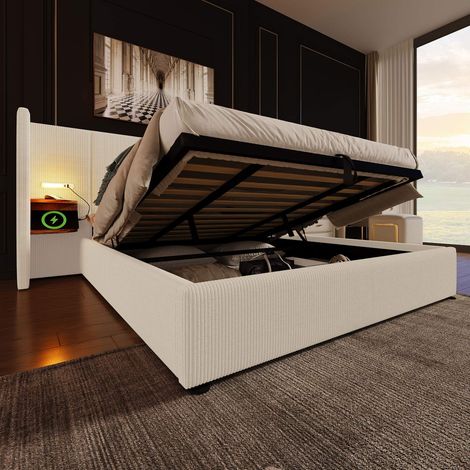 Lit coffre rembourré 180x200 cm avec sommier à lattes, tête de lit avec lampe de lecture USB-C, rangement hydraulique, velours côtelé beige (1/5)
