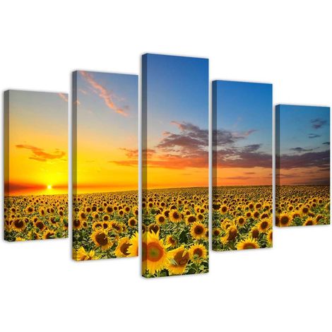 Quadri Quadro 5 pezzi Stampa su tela Girasoli al tramonto - 200x100 (1/5)