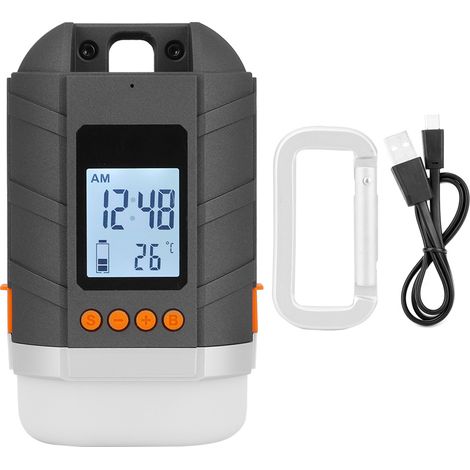 Wiederaufladbare, wasserdichte LED-Campinglampe mit USB-Anschluss, externem Akku, Temperatur-, Akkuladestand- und Zeitanzeige. (1/5)