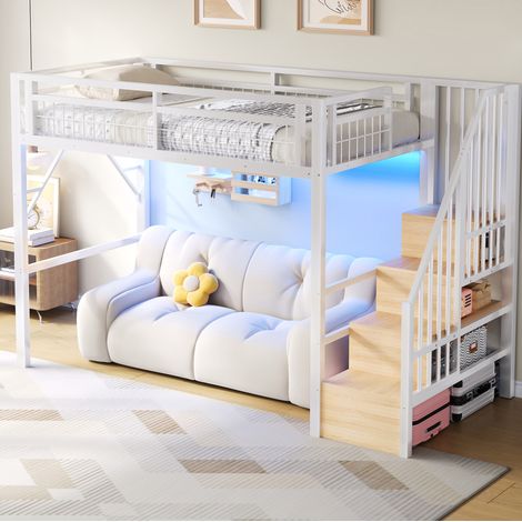 Cama alta 90x200 cm con barra LED integrada, escalera con almacenamiento, metal y MDF, blanca (1/5)
