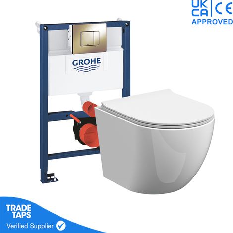 Rimless Wall Hung Toilet Pan with GROHE 0.82m Low Height Concealed Cistern Frame  WC - Cool Sunrise Dual Flush Plate (1/5)