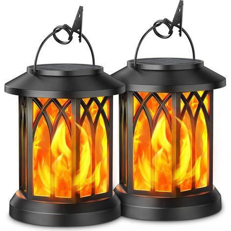 Lanterne Solaire Exterieur Jardin, 2 Pièces Lampe Solaire Exterieur Effet Flamme Suspendue Decorative, IP65 Étanche Suspension Lumiere LED Exterieur avec Clips pour Jardin Balcon (1/5)