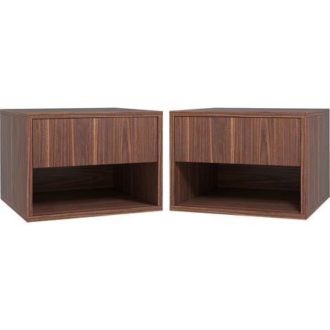 Ensemble de 2 tables de chevet suspendues avec tiroir et étagère inférieure ouverte, en bois, 40 x 34 x 29 cm, marron (1/5)