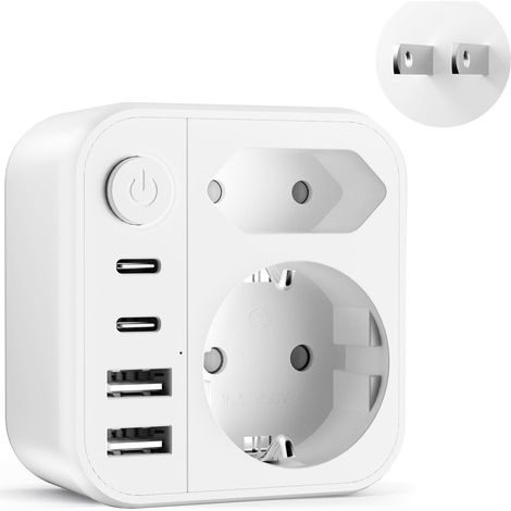 6-in-1-Netzteil für Japan, 2500-W-Reiseadapter mit 2 USB-C-Anschlüssen und 2 USB-A-Anschlüssen, Schuko-zu-USB-A-Adapter für die USA, China, Kanada, Thailand und Japan. (1/5)