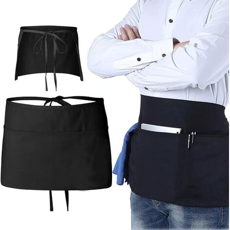 Tablier Réglable avec Poches, à Cravate Avant Noir, Taille Courte pour Chef Service Restaurant Bar Café