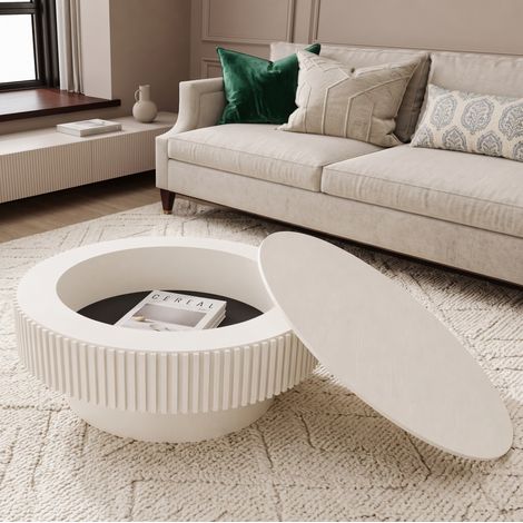 Table basse ronde 75 cm avec rangement caché en MDF plaqué bois OKWISH (1/5)