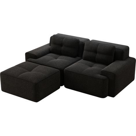 Canapé modulaire sans structure, canapé modulaire moderne en L pour salon avec assise profonde, canapé nuage confortable en velours côtelé avec ottoman, canapé-lit 2 places capitonné, noir (1/5)