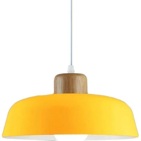 Suspension ronde moderne de style nordique en métal, douille E27, finition bois, jaune, pour salon, chambre ou cuisine (1/2)
