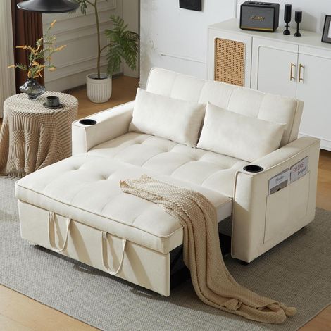 Schlafsofa aus Samt mit Getränkehalter und Seitentaschen, beige (1/5)