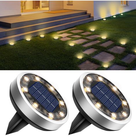 Set of 2 Solar Ground Lights, 8 LED Outdoor Garden Solar Waterproof IP65 Solar Lights, Outdoor Solar Spotlights for Paths, Lawns, Patios, Driveways, Courtyards, Pools, Warm White (5.55.5cm) (1/5)