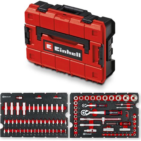 Original Einhell E-Case 92-tlg. Werkzeugkoffer Werkstatt (Werkstattausstattung, KFZ-Stecknüsse, Bit-Zubehör, Stecknuss-Set, Umschaltknarren, Sechskant-Stiftschlüssel, Systemkoffer)