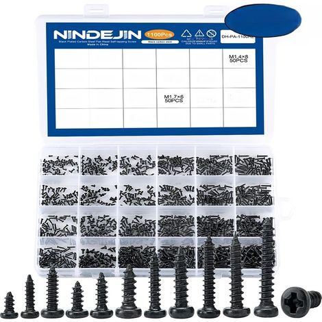 (Noir) Jeu de 1100 vis à tête ronde M1.2 M1.4 M1.5 M1.7 M2 Mini (1/5)
