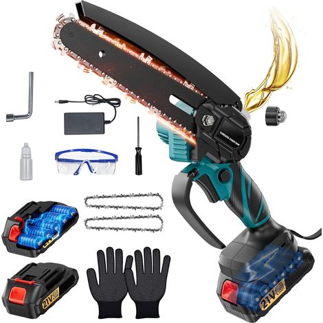 Mini Tronçonneuse à Batterie 6 Pouces, Tronçonneuse Électrique 21V avec 2x4000 mAh Batteries, 2 Chaînes, Valise, Lubrification par Pression, pour Débutant, Élagage, Jardin Bois (1/5)