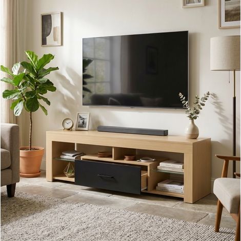 Meuble TV 140x40x45 cm en bois couleur chêne, avec rangement pour salon, moderne FLORAGRACE (1/5)