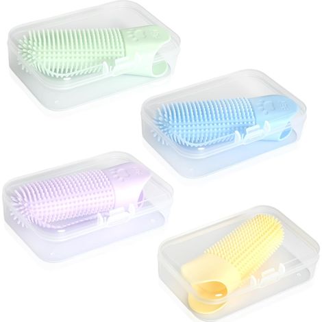 Juego de 4 cepillos de dientes de silicona para dedos, para perros y gatos, giratorios 360°, reutilizables, con caja, totalmente envueltos, para el cuidado dental y un aliento fresco, azul, verde, ama