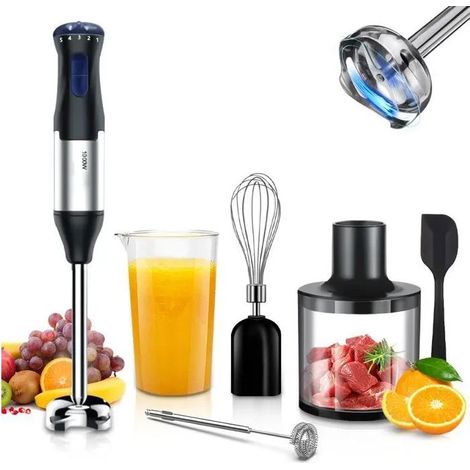 Mixeur Plongeant Professionnel 1000W, 6 en 1 Mixeur Blender Électrique 5 Vitesses avec Fouet, Hachoir, Presse Puree et Verre Doseur