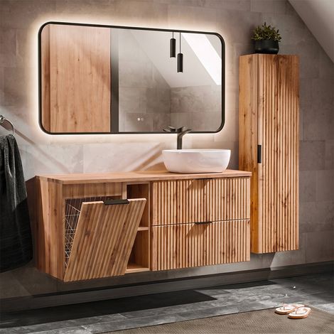 Conjunto mueble lavabo individual 140cm 2 compartimientos cesto de ropa y columna Adriel Madera (1/4)