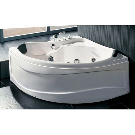 Sanitaire – Baignoire d'angle balnéo 130x130 cm – Cadre métal nickelé – 6 hydrojets – Chromothérapie – 2 appui-têtes – 2 poignées de soutien