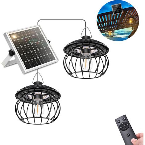 Doppelköpfige Solar-Pendelleuchte mit Fernbedienung, dimmbar, wasserdicht, geeignet für Gartenpavillons und Gärten (warmes Licht). (1/5)