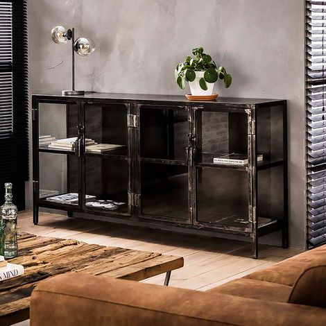 Buffet industriel 2 portes 180x40x92 cm en verre et métal