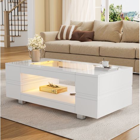 Couchtisch 100x50x35 cm weiß aus Spanplatte und Glas mit LED-Beleuchtung und 2 Ablagen (1/5)