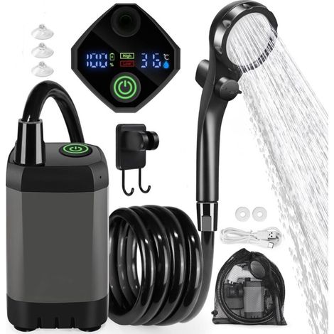 Camping-Duschset, tragbare Dusche, wiederaufladbare elektrische Duschpumpe, wasserdicht, mit Smart-Display und 4-Modus-Duschkopf für Outdoor-Aktivitäten wie Camping und Wandern