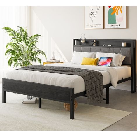 REDOM Cama individual 90x200 cm con somier, cama con cabecero acolchado, 2 puertos USB y toma de corriente, negra (sin colchón)