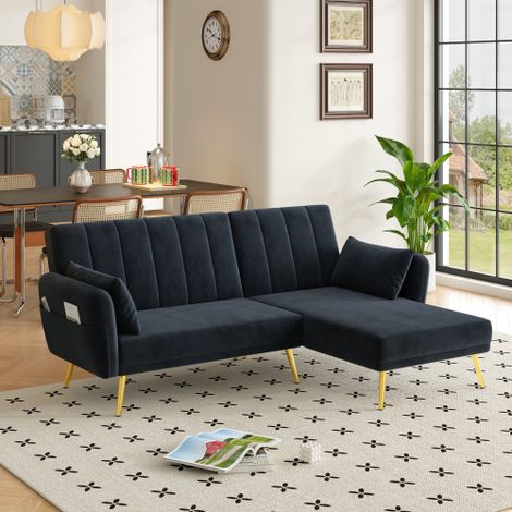 Canapé d’angle convertible en L avec méridienne, canapé-lit moderne en velours pour salon ou chambre d’amis, noir (1/5)