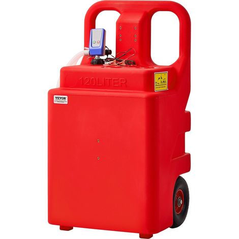 Jerrycan portable 120L avec pompe électrique 12V, débit 9,5L/min, tuyau 1,2m, pistolet à arrêt auto, adaptateurs, pour diesel et essence, rouge. (1/5)